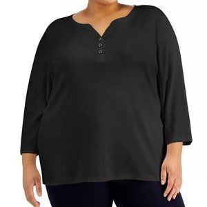 Karen Scott Womens Plus 3X Black 3/4 Sleeve Split Neck Henley Cotton Top NWTAU20